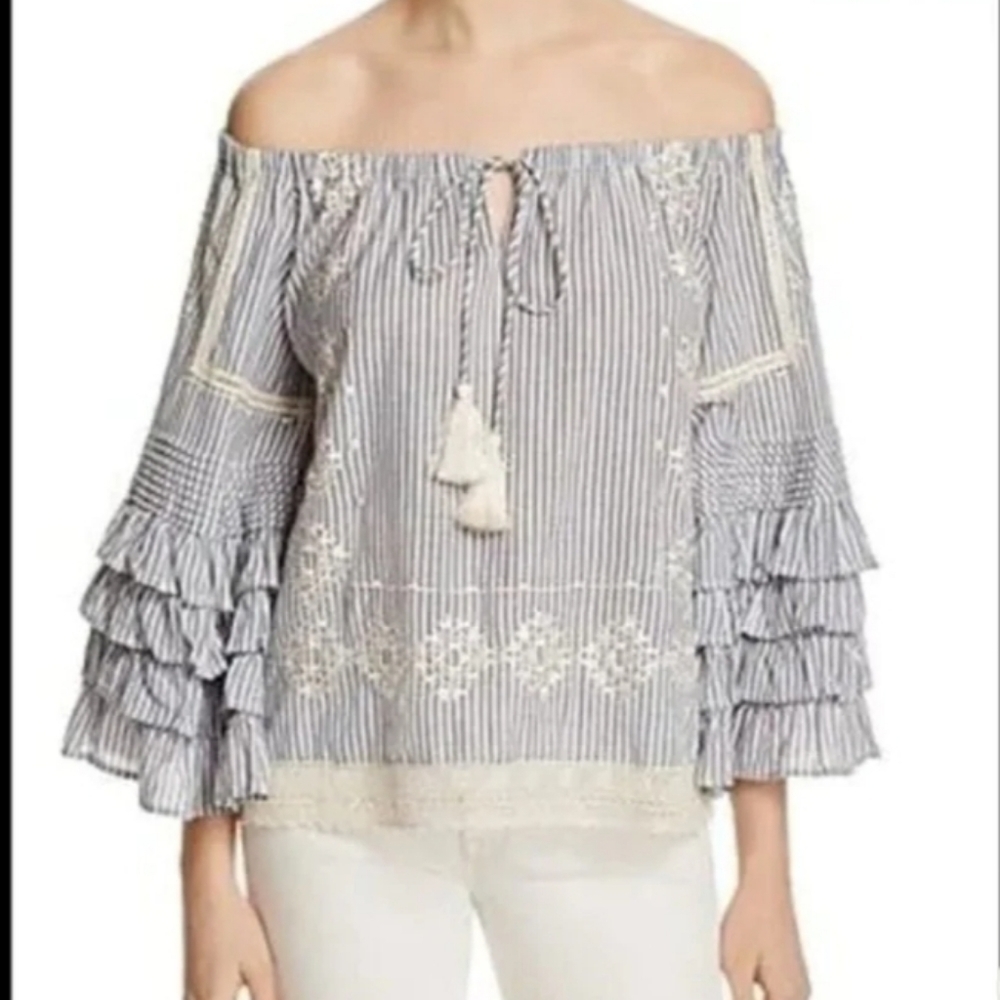 Tiered Ruffle Sleeve Top Shirt Small Cotton Lace Embroidery Striped Evelyn Boho